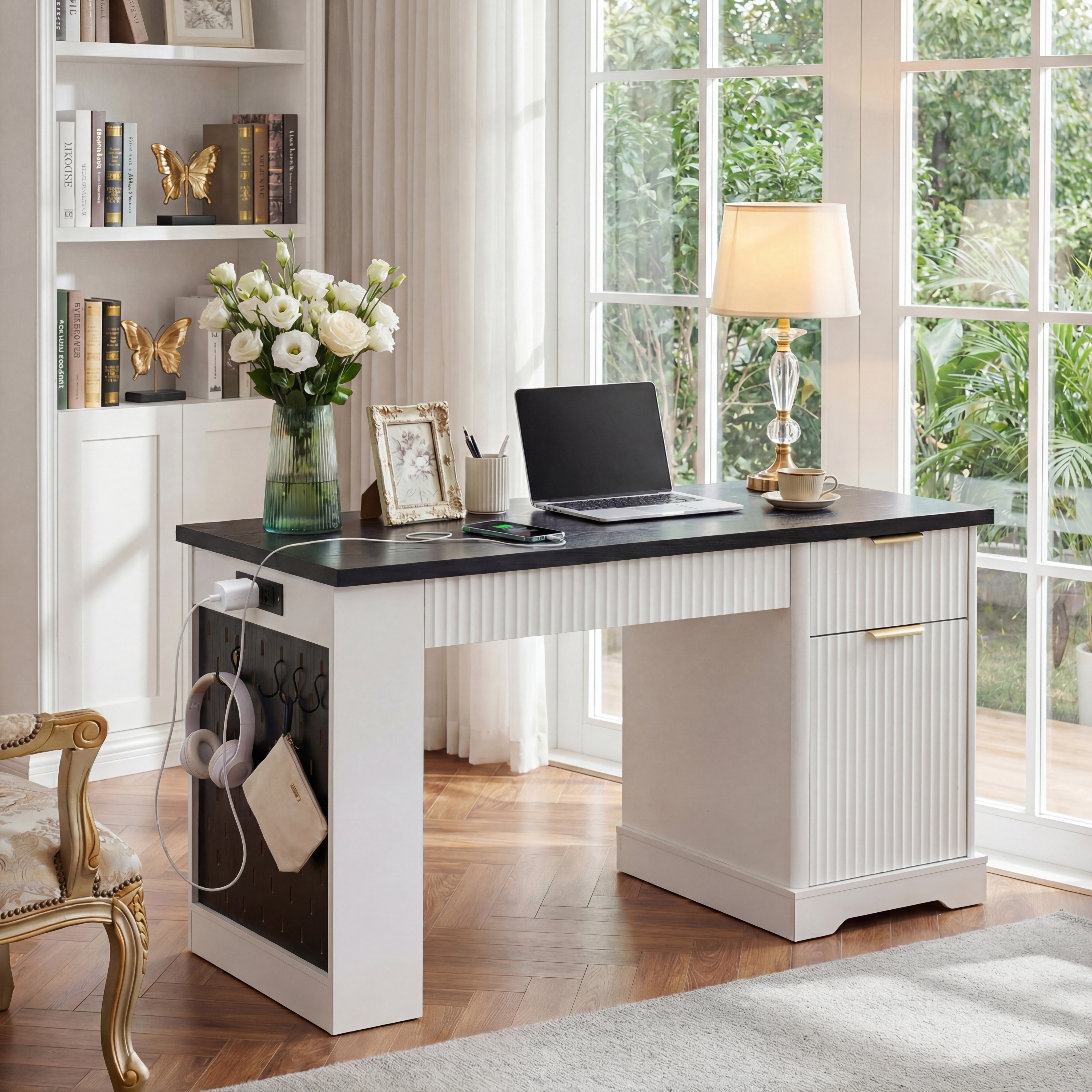 Compact vanity desk with storage and lighting